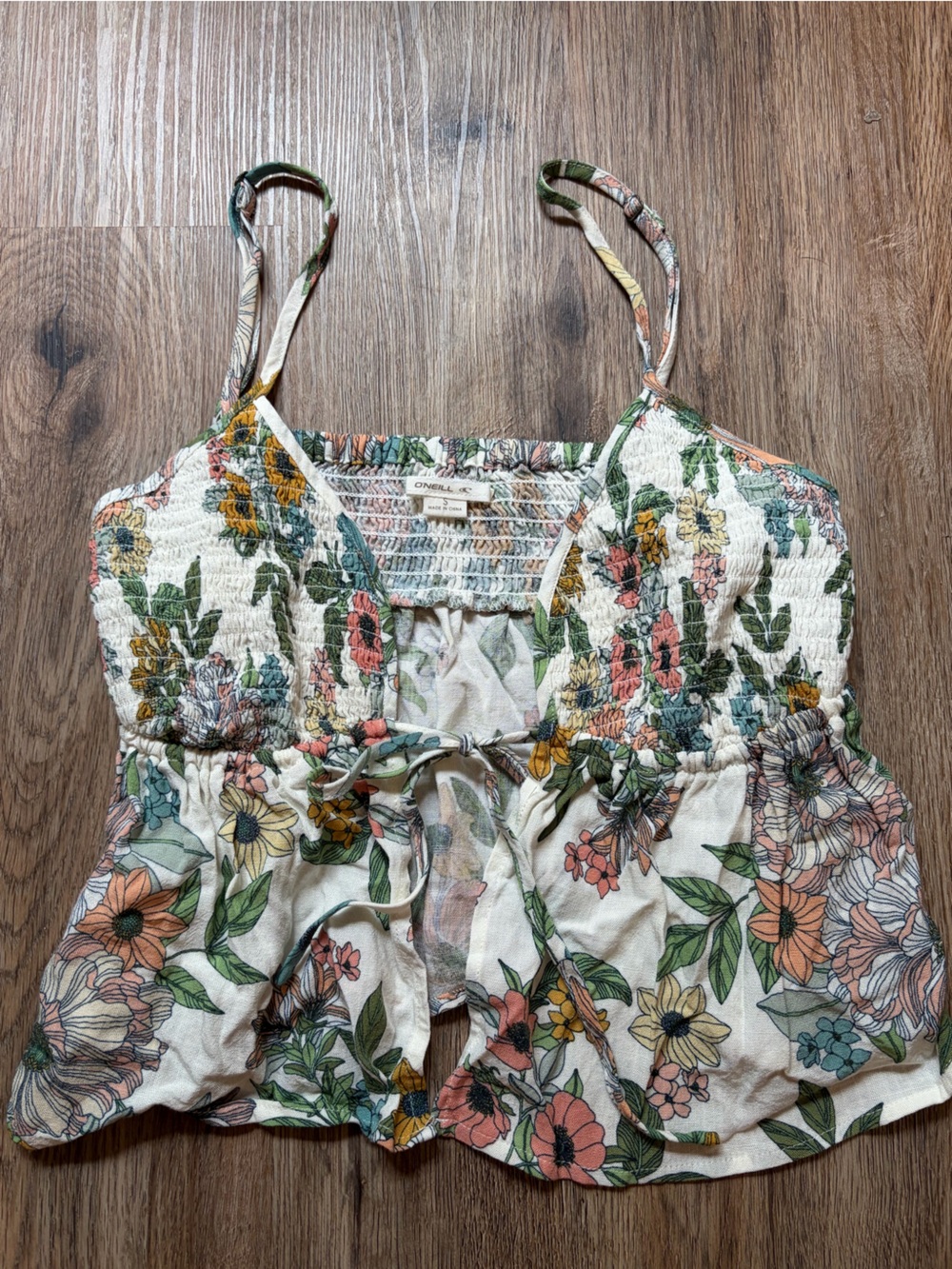 Women’s O’Neill Floral Smocked Cami Tank Top w/ tie closure - Cream, Pink, Green